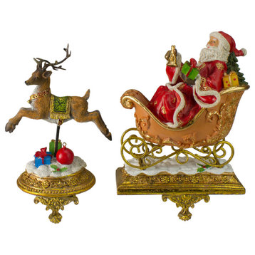 Set of 2 Gold Santa and Reindeer Glittered Christmas Stocking Holders 9.5"