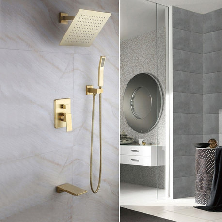 Wall Mount 10" Rainshower Hand Shower and Tub Spout Shower System, Brushed Gold