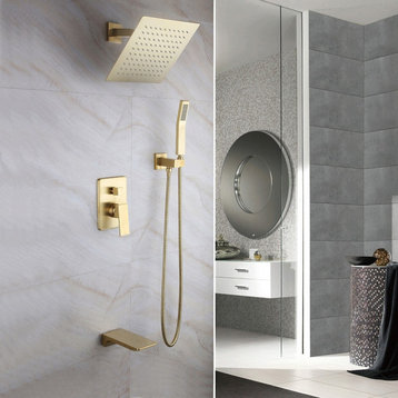 Wall Mount 10" Rainshower Hand Shower and Tub Spout Shower System, Brushed Gold
