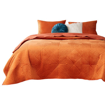 Benzara BM280413 3 Piece Velvet King Quilt Set, Diamond Quilting Design, Orange