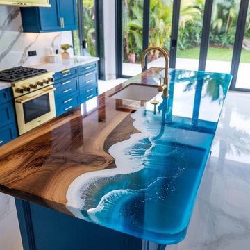 Ocean Live Edge Resin Kitchen Island | Handmade Wood & Blue Epoxy Island Counter