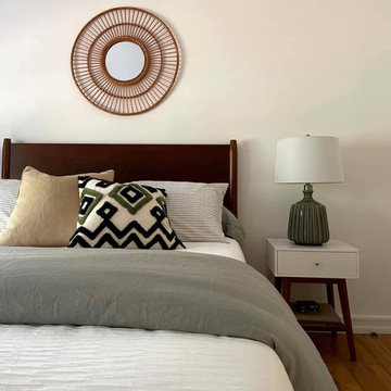 Rattan Mirror in Transitional LA Bedroom