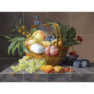 Tile Mural, Still Life With Fruit and Flowers in A Basket Marble Matte