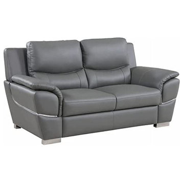 Elegant Loveseat, Faux Leather Upholstery With Chrome Accents, Lead Grey
