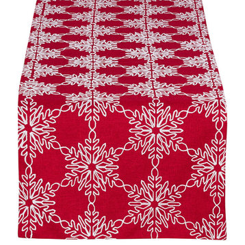 Holiday White Snowflake Design Red Table Runner, 16"x70" Rectangular