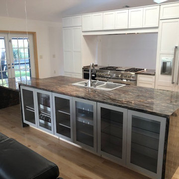Great Granite Kitchen Countertop Design with Waterfall Legs and Cabinets