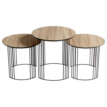 Electric Moon Nesting Tables, Oak Veneer And Black, Iron and Wood, 21.5"H