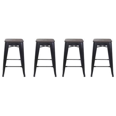 Backless Black Metal Barstools With Wooden Seat, Set of 4