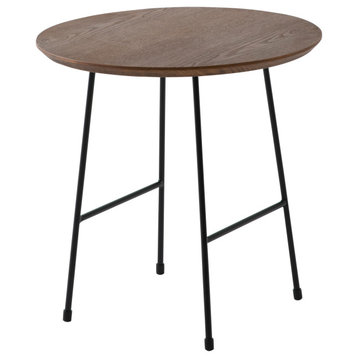 LeisureMod Rossmore Modern Round Side Table With Black Steel Frame, Walnut