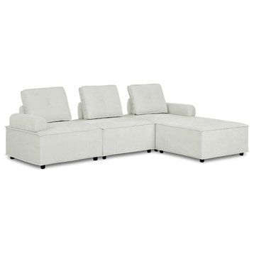 Modern L-Shaped Sofa, Tufted Chenille Seat & Unique Cushioned Open Back, White