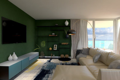 Idee per un grande soggiorno design stile loft con pavimento in legno massello medio e pavimento marrone