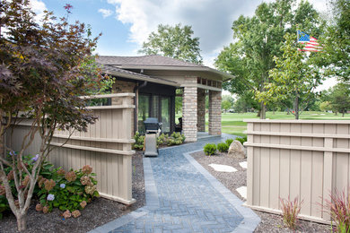 Example of a transitional backyard brick patio design in Columbus with a fire pit and a roof extension
