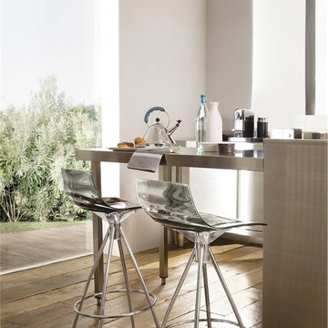 L'Eau 26" Bar Stools- Satin Finished Steel Frame- Transparent Smoke Grey Seat Fi