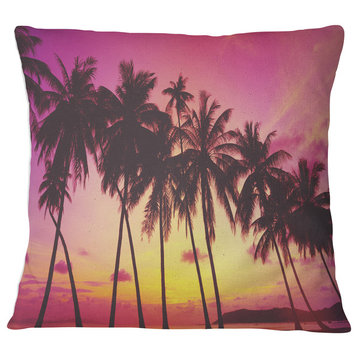 Row of Beautiful Palms under Magenta Sky Landscape Printed Throw Pillow, 16"x16"