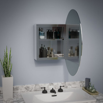 Bathroom Medicine Cabinet Wall Mount with Oval Mirror Hanging Double Shelf