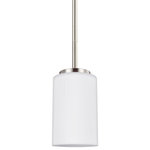 Generation Lighting Collection - Oslo 1-Light Mini-Pendant, Brushed Nickel - The Oslo lighting collection by Sea Gull Lighting is a sleek design, with smooth and clean lines. The Opal Etched glass adds to this collection's contemporary and minimalist character. Offered in Chrome, Brushed Nickel, Burnt Sienna and textured Blacksmith finishes, the collection includes nine-, five-, and three-light chandeliers, pendants in four sizes, both flush and semi-flush ceiling fixtures, as well as one-, two-, three- and four-light wall/bath fixtures. Both incandescent lamping and ENERGY STAR-qualified LED lamping are available. All fixtures are California Title 24 compliant.