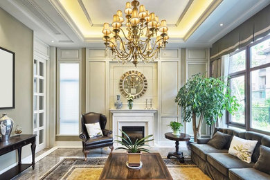 Living room - mid-sized mid-century modern formal and enclosed porcelain tile and beige floor living room idea in New York with beige walls, a standard fireplace, a stone fireplace and no tv