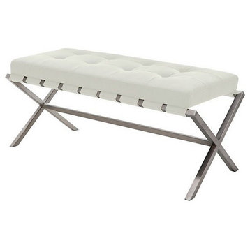 Auguste Bench in Brushed Stainless Steel Frame, White, Small