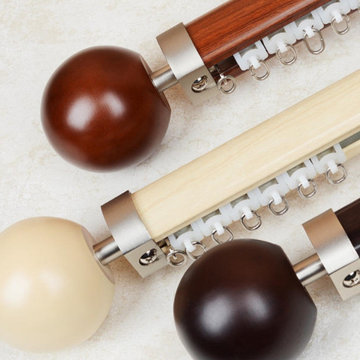 QYRF01 On Sales Wood Grain Aluminum alloy Curtain Track Set With Ball Finials