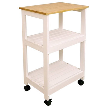 Bowery Hill Wood Microwave Utility Butcher Block Kitchen Cart in White Lacquer