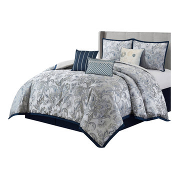 Elisia 7-Piece Bedding Comforter Set, Navy, Queen