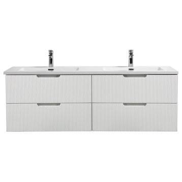 Themis Series White Wall Mount Vanity With A Integrated Sink, 60" Double