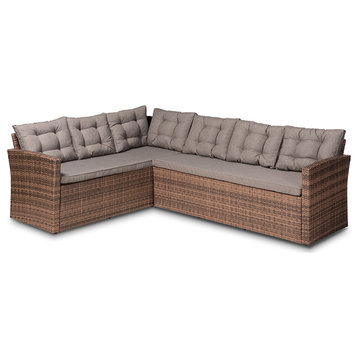 Gray Upholstered and Brown Finished 4-Piece Woven Rattan Outdoor Patio Set
