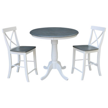 36" Round Pedestal Gathering Height Table With Counter Height Stools, White/Heather Gray