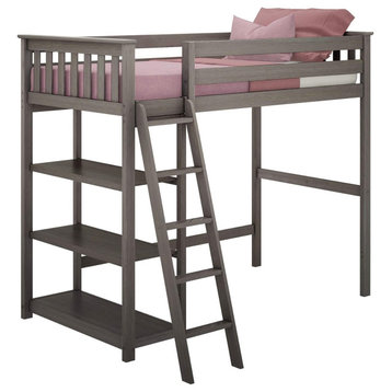 Twin Loft Bed, Pinewood Frame With Slat headboard and Integrated Bookcase, Clay