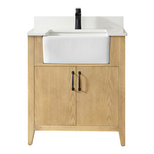 Sevilla Vanity With White Composite Stone Top, Washed Ash, 30", Without Mirror