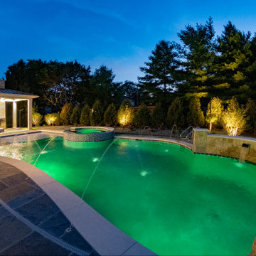 Naperville, IL freeform swimming pool with hot tub, large sunshelf, glass tile