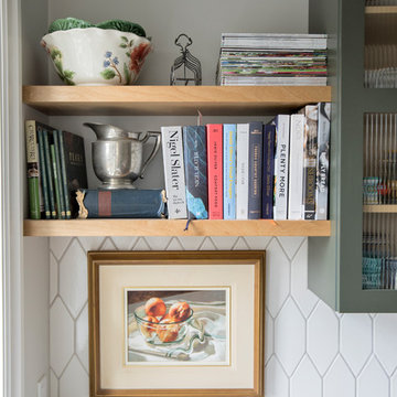White Hex Tile Backsplash with Open Shelving