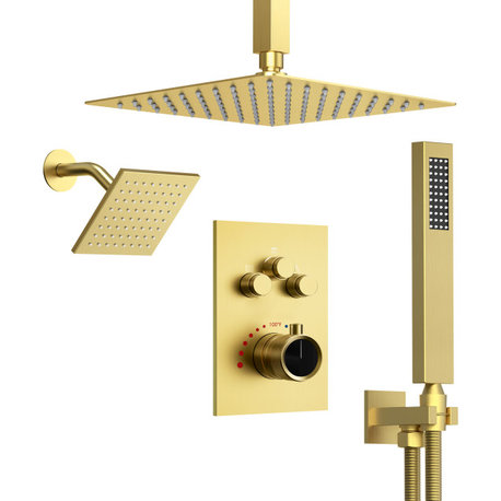 Dual Heads 12" Rain High Pressure Shower System w/ 3 Way Thermostatic Faucet, Brushed Gold