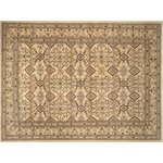 Bareens Designer Rugs - Classic Ziegler Dori Tan Brown Hand-Knotted Wool Rug - 13'11'' x 17'11'' - Enhance the ambiance of your home with this magnificent Persian-influenced Turkish hand-knotted rug made by skilled artisans capable of creating the most exceptional vegetable dyes and hand-spun wool. This exquisite handmade rug is a one-of-a-kind Peshawar Kafkaz, otherwise identified as Chobi, Chobi Peshawar, Oushak, or Ziegler rug. These handmade rugs are crafted in Pakistan utilizing superior-quality wool imported from Australia, New Zealand, and Korea in two types of weaves: the Persian weave and the Mori weave. This rug is meticulously crafted by hand using the finest natural vegetable dyes extracted from local plants. The artisans use a blend of hand-spun local and fine merino wool, resulting in a rug with a compelling texture, higher lanolin content, and longer staple. The artisans occasionally incorporate natural or artificial silk into the pile to enhance specific motifs. The finished product is an awe-inspiring execution of flawless design and an understated palette that exudes elegance.