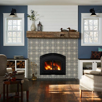Hand Hewn Timber Mantel on Patterned Tile Fireplace in Mid Century Modern Room