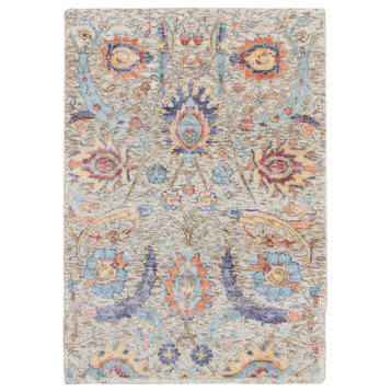 Tan, Hand Knotted, Sickle Leaf Design Silk With Wool, Mat Rug, 2'1"x3'0"