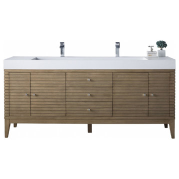 72 Inch Whitewashed Walnut Bath Vanity, Double Sink, Glossy White Top, Outlets