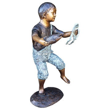 Playful Young Boy with Fish and Frog Bronze Statue Fountain  19" x 16" x 32"H