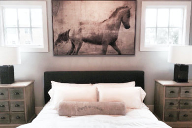 Bedroom - large transitional master medium tone wood floor and brown floor bedroom idea in Columbus with gray walls and no fireplace