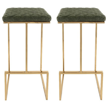 LeisureMod Quincy Stitched Leather Gold Metal Bar Stools set 2 in Olive Green