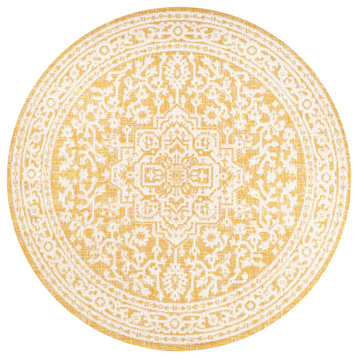 Sinjuri Medallion Textured Weave Indoor/Outdoor, Yellow/Cream, 5' Round