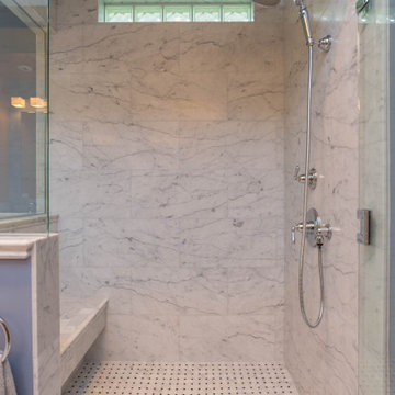 Traditional Carrara Marble Primary Bath Refresh With Maple Vanity