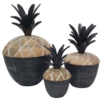 14, 12, 11" Lidded Jar, Pineapple Design, Gray Mango Wood, Set of 3
