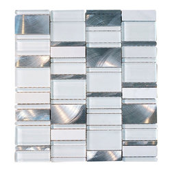 Glossy and Matte White With Aluminum Random Brick Rectangle Pattern Glass Mosaic - Home Decor