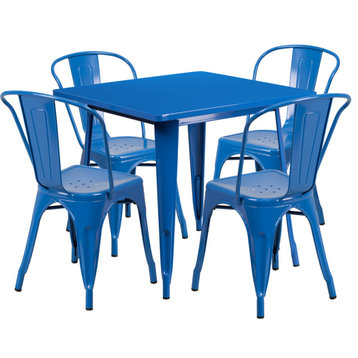 Commercial Grade 31.5" Square Blue Metal Indoor-Outdoor Table Set,4 Stack Chairs