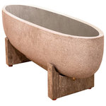 LH Imports - Patio 25" Wide Oval Standing Pot - This pot is a perfect addition to any space that needs a touch of elegance and sophistication. With its sleek and minimalist design, it's an ideal choice for modern homes and outdoor spaces. This pot is made of high-quality Ficonstone material, which is durable and weather-resistant, making it suitable for use both indoors and outdoors. It sits on an acacia wood base, which adds a touch of warmth and natural beauty to the overall design. The pot's grey stone finish gives it a sleek and stylish appearance, making it a great complement to any home decor.