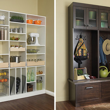 Pantry storage shelves and mud room cabinet