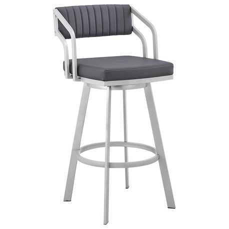 Elegant Bar Stool, Slate Gray Faux Leather Seat and Open Back, Silver, Bar