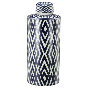 Benzara BM165647 Ceramic Lidded Large Jar, Blue And White