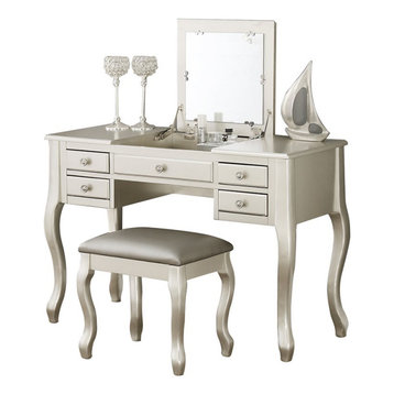 Poundex Furniture Wood Vanity Set with Stool and Mirror in Silver